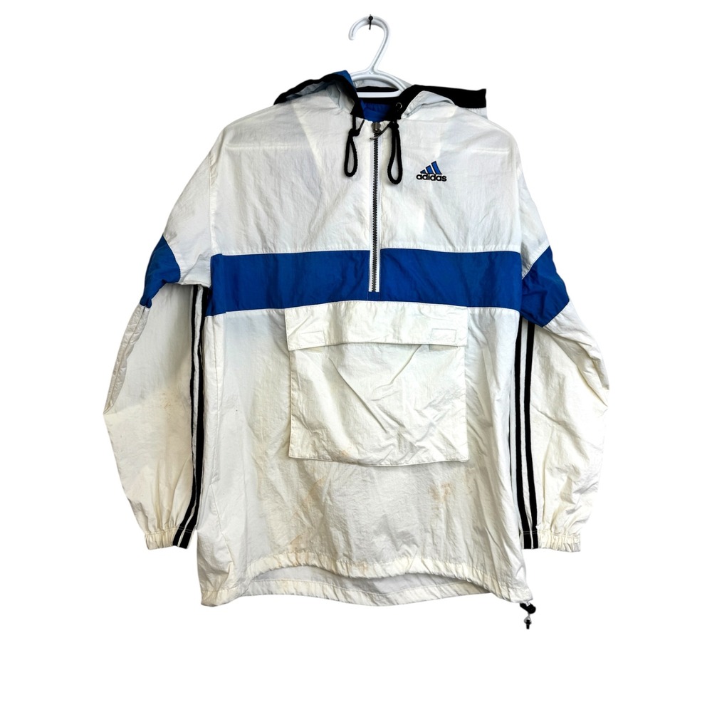 Vintage Adidas Anorak Windbreaker Jacket Medium Tall White Blue Half Zip Hood